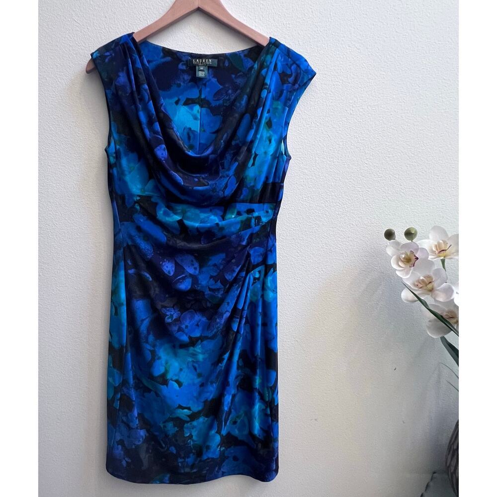 Lauren Ralph Lauren Blue Floral Cowl Neck Side Ruched Midi Dress Womens Size 10P